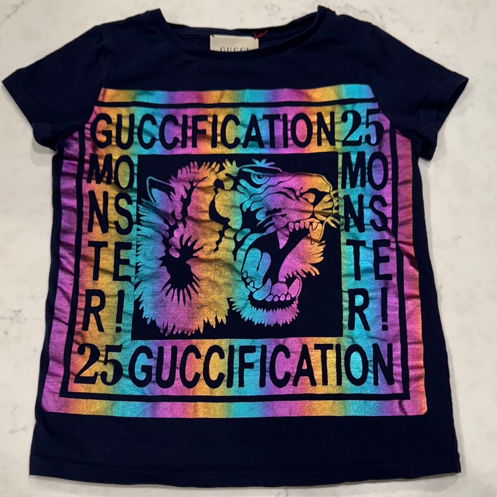 Gucci Kids Navy T-Shirt with Rainbow Graphic